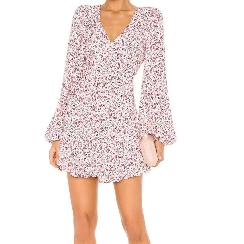 AFRM Monna Dress Blouson Sleeve Mini Ditsy Floral V-neck Flowers Pink Size Small